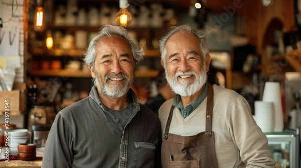 Fototapeta Two joyful elderly men sharing a moment in a coffee shop.