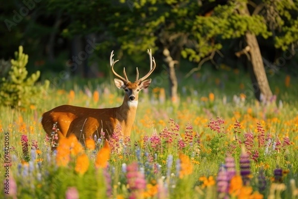 Fototapeta A deer is standing gracefully in a field of vibrant flowers, surrounded by the beauty of nature, Grazing deer in a meadow filled with wildflowers, AI Generated