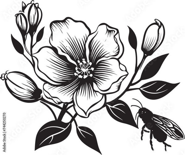 Fototapeta Petal Partners Black Vector Flower Bud and Bee Logo Bloom Buzz Vector Flower Bud and Bee Design in Black