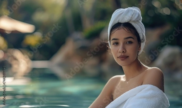 Fototapeta Beautiful young woman relaxing in hot springs at luxury spa resort