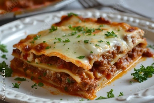 Fototapeta Baked lasagna with a golden brown crust, layers of sauce and pasta are visible.