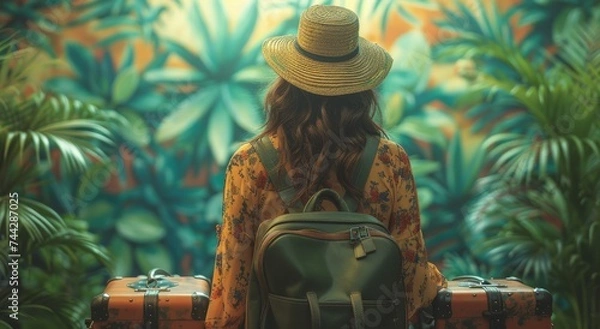 Fototapeta A stylish woman confidently explores nature, adorned with a sun hat and backpack, as if she herself were a work of art