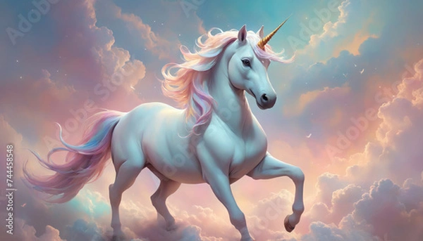 Fototapeta Fantasy Illustration of a wild unicorn Horse. Digital art style wallpaper background in pastel colors.