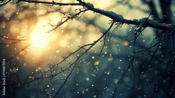 Obraz Winter branches with sparkling snowflakes during sunrise, serene nature scene. Suitable for holiday season advertising and tranquil wallpapers.