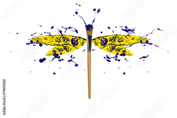 Fototapeta Yellow and blue paint splash made dragonfly