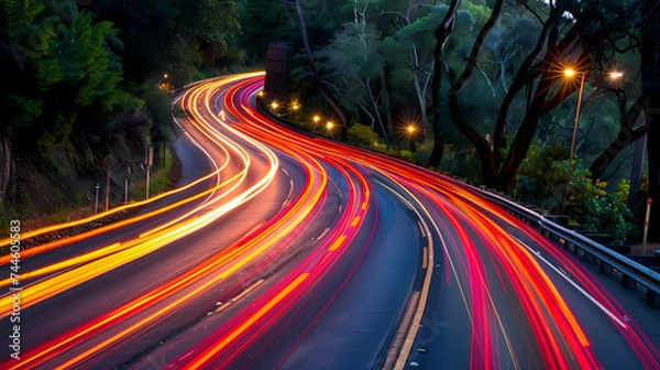 Fototapeta Twilight Traffic Trails on Winding Forest Road