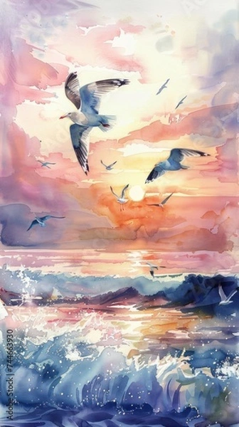 Fototapeta Seagulls soaring, sunset watercolors, ocean breeze --ar 9:16 --v 6