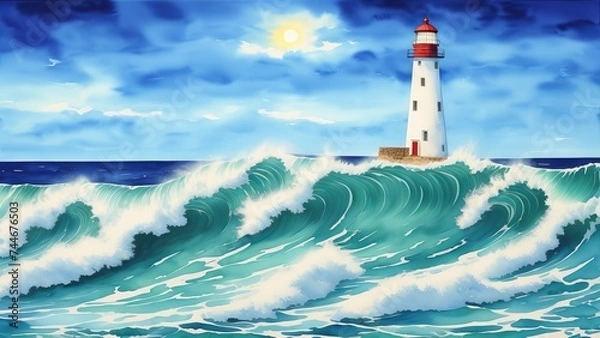 Fototapeta Lighthouse In Stormy Landscape. Waves crashing around lighthouse. Watercolor illustration, AI Generated