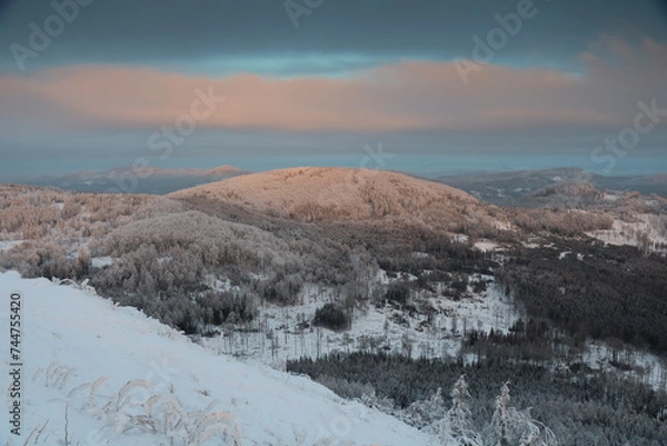 Fototapeta winter morning sunrise from the top of small mountains