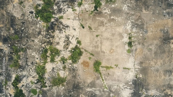 Fototapeta Aerial view of a rugged terrain with sparse greenery, showcasing a mix of natural textures and earthy tones.