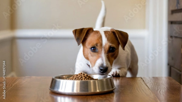 Fototapeta A vigilant Jack Russell Terrier gazes eagerly, anticipating a meal from a brimming bowl of kibble atop a polished wooden surface.