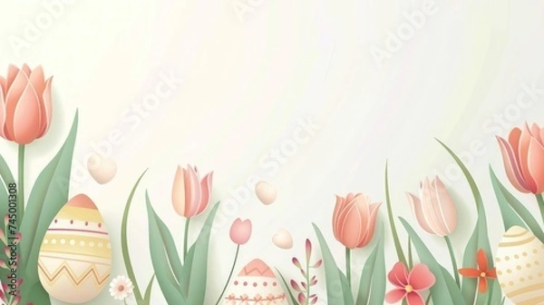 Fototapeta Easter-themed vector artwork with eggs, tulip flowers, and blank area for personalized content.