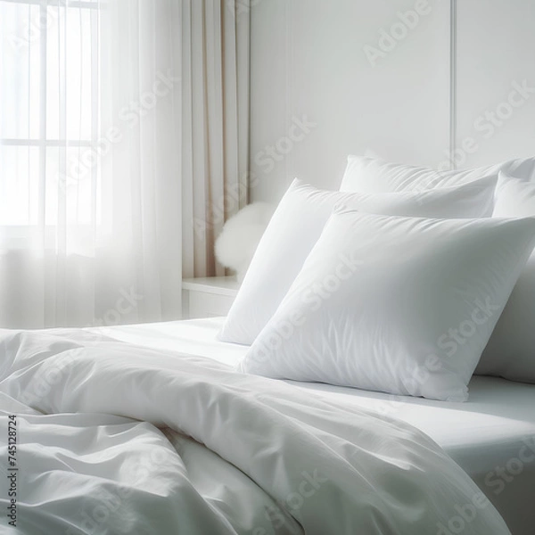 Fototapeta white bed with white pillows in white room closeup