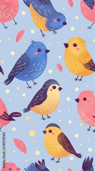 Fototapeta Bird wallpaper in style of colorful cartoons. Design for banner, poster, wallpaper, background.