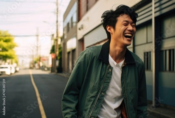 Fototapeta Joyful young man laughing while strolling down an urban street at dusk.