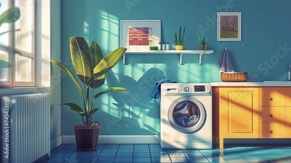 Fototapeta In a laundry room interior, a washing machine is positioned neatly near the wall, ready to tackle the day's load of laundry. This functional setup maximizes space and efficiency