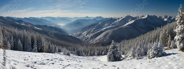 Fototapeta Panoramic view of a snowy winter mountain landscape from Generative AI