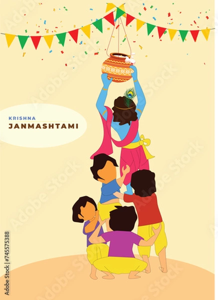 Fototapeta Vector illustration of Lord Krishna playing dahi handi in Happy Janmashtami festival background of India