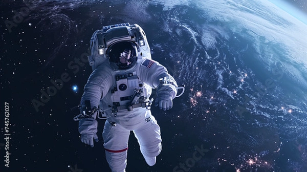 Fototapeta Astronaut Floating in Space with Earth in the Background Reflecting the Cosmic Starscape