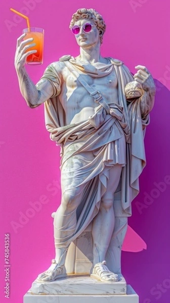 Fototapeta A 3D rendering of a classical statue wearing sunglasses and holding a tropical drink against a pink background