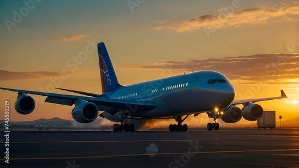 Fototapeta airplane landing at sunset