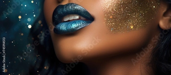 Fototapeta Captivating Beauty: Indian Model with Blue and Gold Glitter Makeup Accentuating Her Features