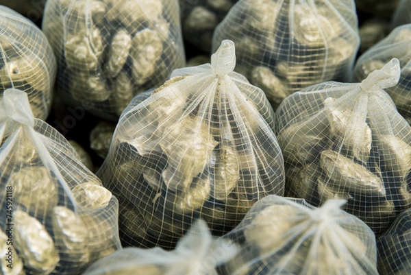 Fototapeta closeup of oyster seedlings in mesh bags