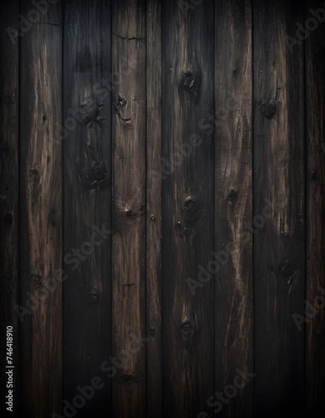 Fototapeta An intimate close-up of dark wooden planks, the textures and knots creating a natural pattern. The interplay of shadows and rustic details evoke a sense of age and timelessness. AI Generative