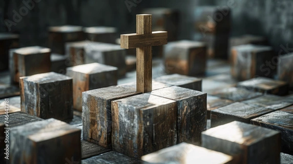 Fototapeta Dramatic shadows cast by a wooden cross on abstract wooden blocks, artistic contrast