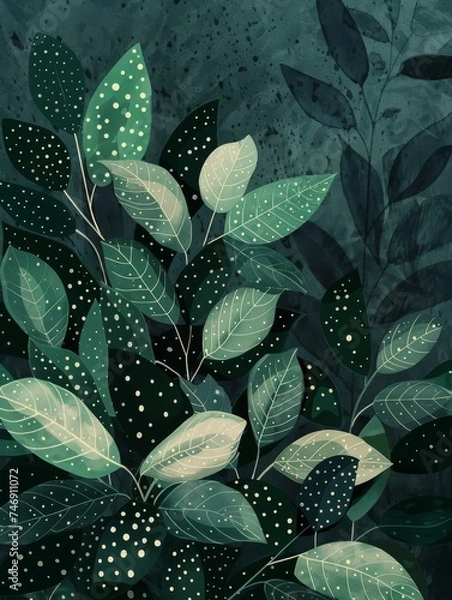 Fototapeta Green Background Painting With Leaves and Dots. Printable Wall Art.