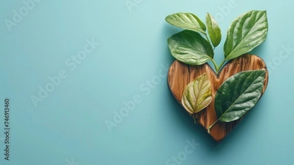 Fototapeta A heart made of wood with green leaves on a blue background.