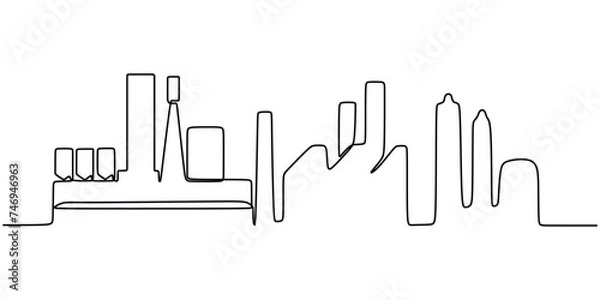 Fototapeta Continuous one line drawing industrial plant outline. Factory architecture buildings and landmark. Air pollution ecology concept.