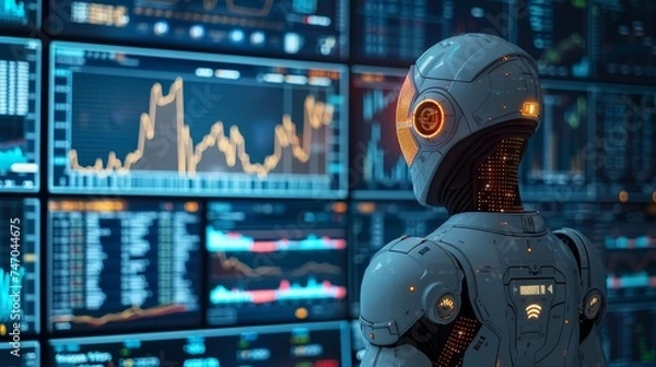 Fototapeta Robot Analyzing Complex Stock Market Monitors