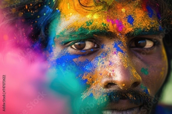 Fototapeta Colorful Indian man with vibrant face paint. Fictional Character Created By Generated By Generated AI.