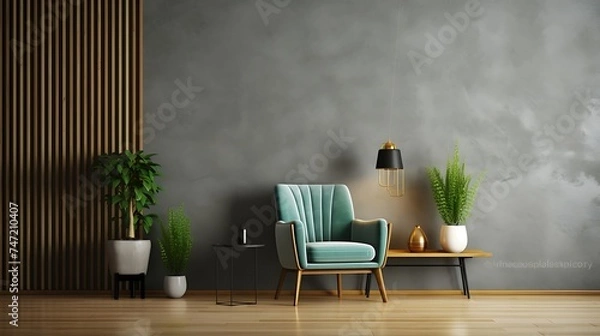 Fototapeta Living room with green armchair on empty dark concrete wall background.3d rendering