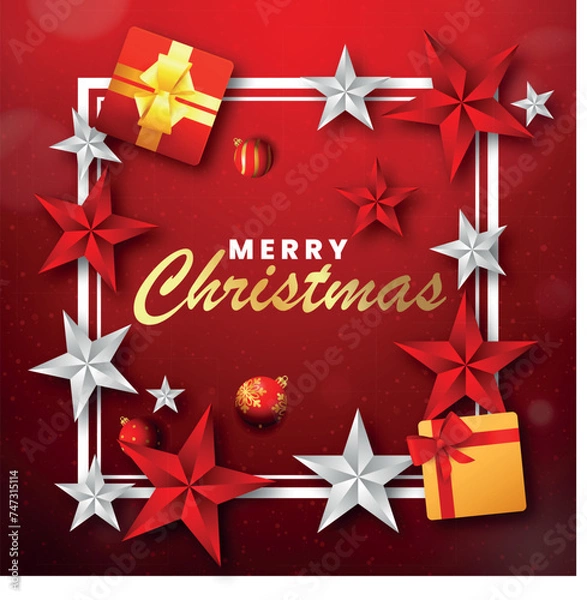 Obraz Merry Christmas holiday and happy new year concept with gift box and star shape.