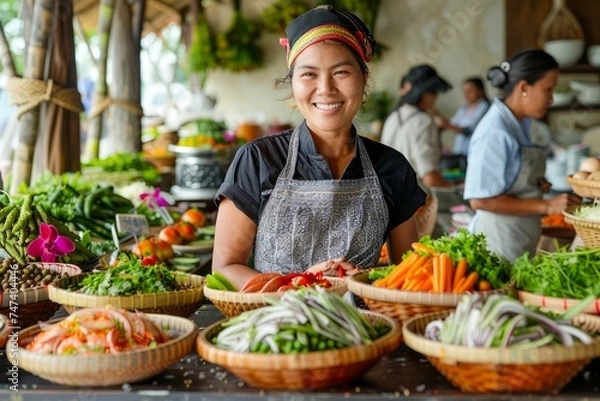 Fototapeta Smiling Woman Selling Fresh Vegetables at a Colorful Local Market Stall with Assorted Produce