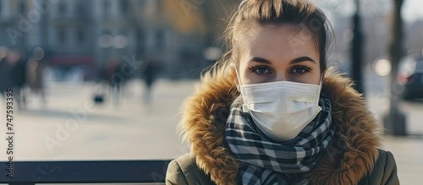 Fototapeta A woman wearing a pollution and flu protective face mask is seen walking on a busy city street. She is surrounded by buildings and people as she takes precaution against harmful pollutants and viruses