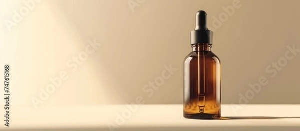 Fototapeta Glass dropper bottle filled with essential oil, placed on a wooden table.