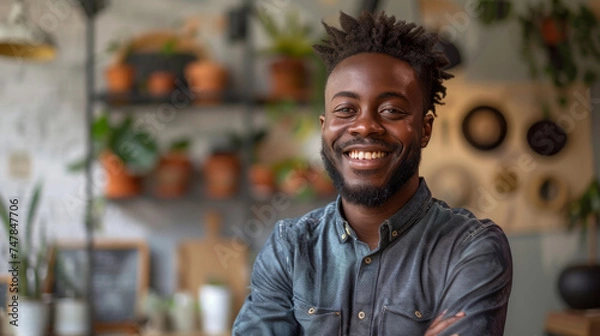 Fototapeta Relaxed young man with a beard smiling in a cafe surrounded by plants and a warm atmosphere