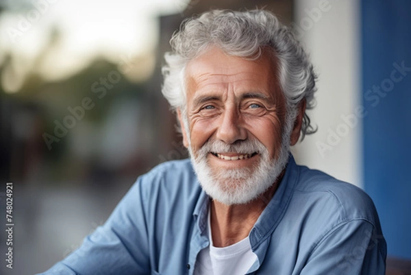 Fototapeta Cheerful Elderly Gentleman: Radiant Smile and Casual Elegance in Daylight