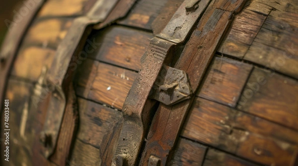 Fototapeta Interlocking wooden staves can be seen on the side of a barrel fitting together like puzzle pieces. A small amount of wine leaks from a crack adding to the aged and authentic