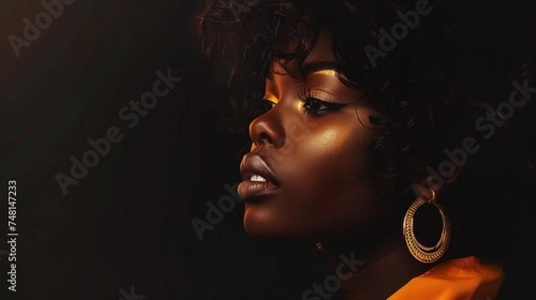 Fototapeta portrait of elegant afro woman with gold earrings and chain, banner with black background