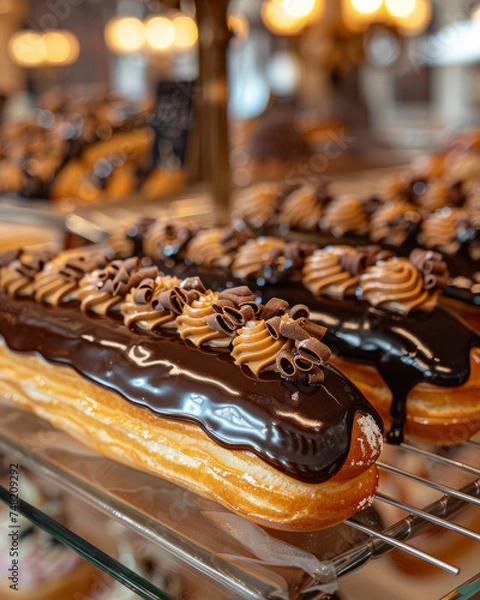 Fototapeta A tantalizing close-up of an éclair, golden pastry shell generously coated with a glossy layer of rich and juicy chocolate sauce, luscious cream filling inside, French pastry, Generative AI