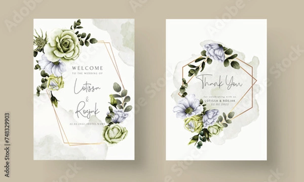 Fototapeta fresh greenery flower and white floral invitation card template