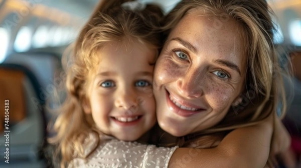 Fototapeta Mother and Daughter Share a Tender Moment on a Plane Generative AI