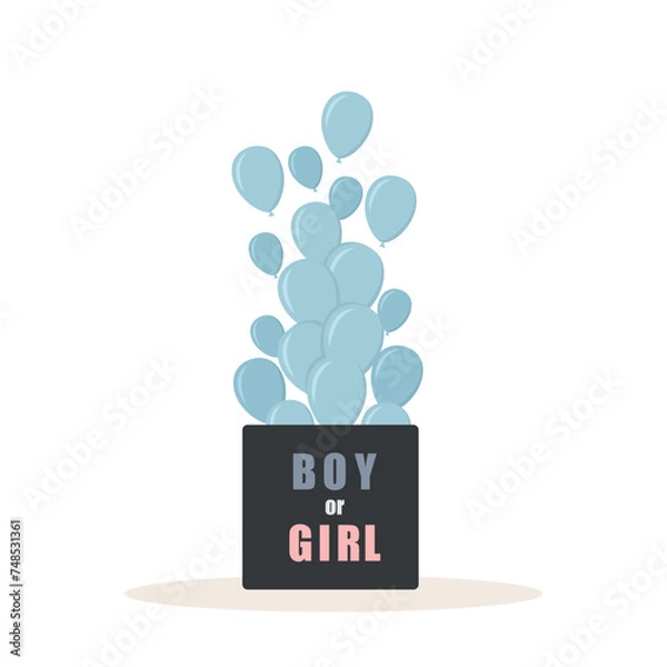 Fototapeta Gender reveal party. Its a boy. Open surprise gift box with inscription Boy or girl. Blue balloons. Baby shower greeting card. Cartoon vector illustration.