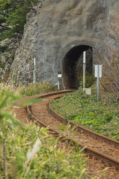 Obraz 日本　青森県西津軽郡深浦町にあるJR東日本で一番短いトンネル、五能線仙北岩トンネル