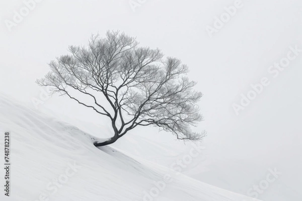 Fototapeta A lone tree is standing on a slope with snow in the background.