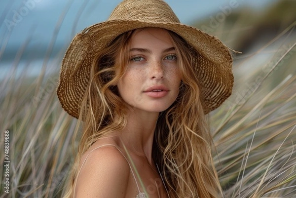 Fototapeta An attractive blonde woman with freckles wearing a straw hat, with a serene beach background